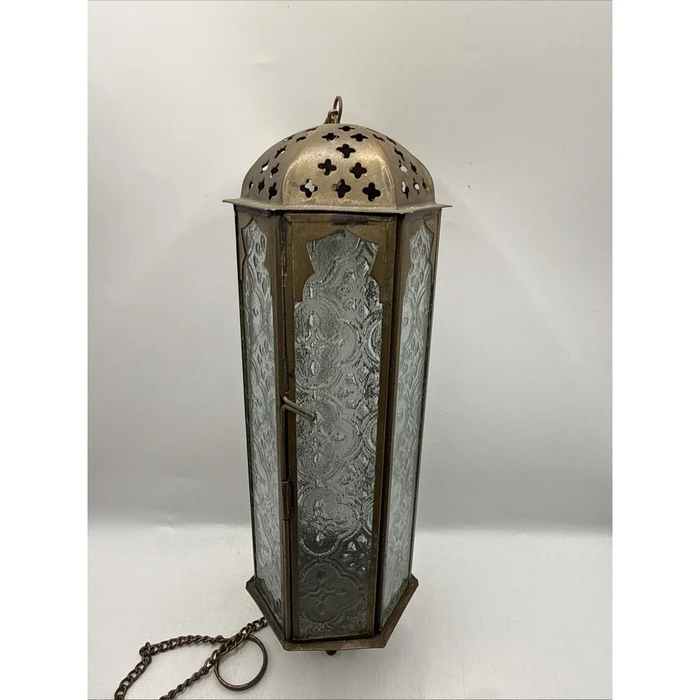 VTG Moroccan Hanging Lantern Clear Embossed Glass Brass 10.5